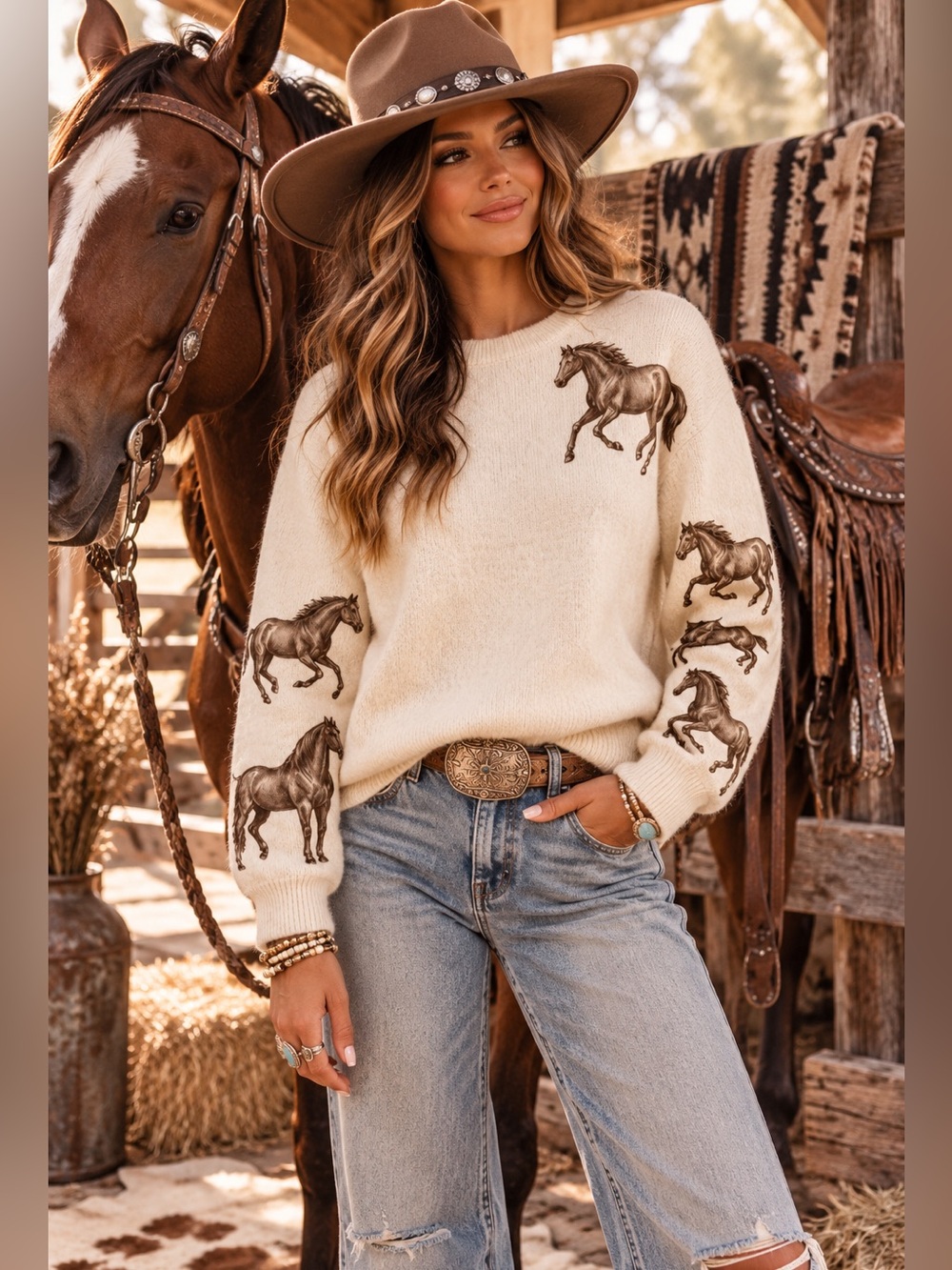 Ivory horse embroidered knit western boho bubble sleeve sweater pullover top